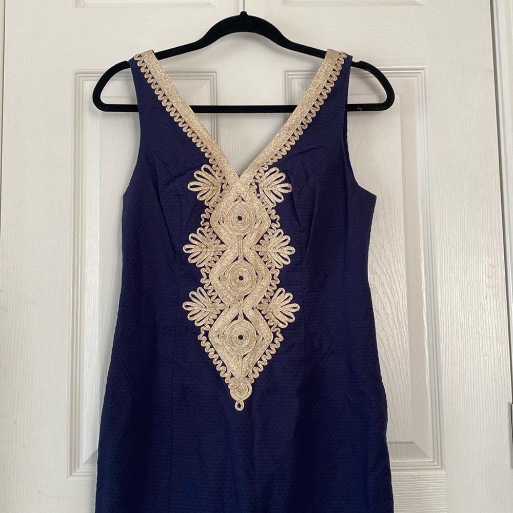 EUC Lilly Pulitzer Junie Shift Dress - Navy Blue & Gold Size 2